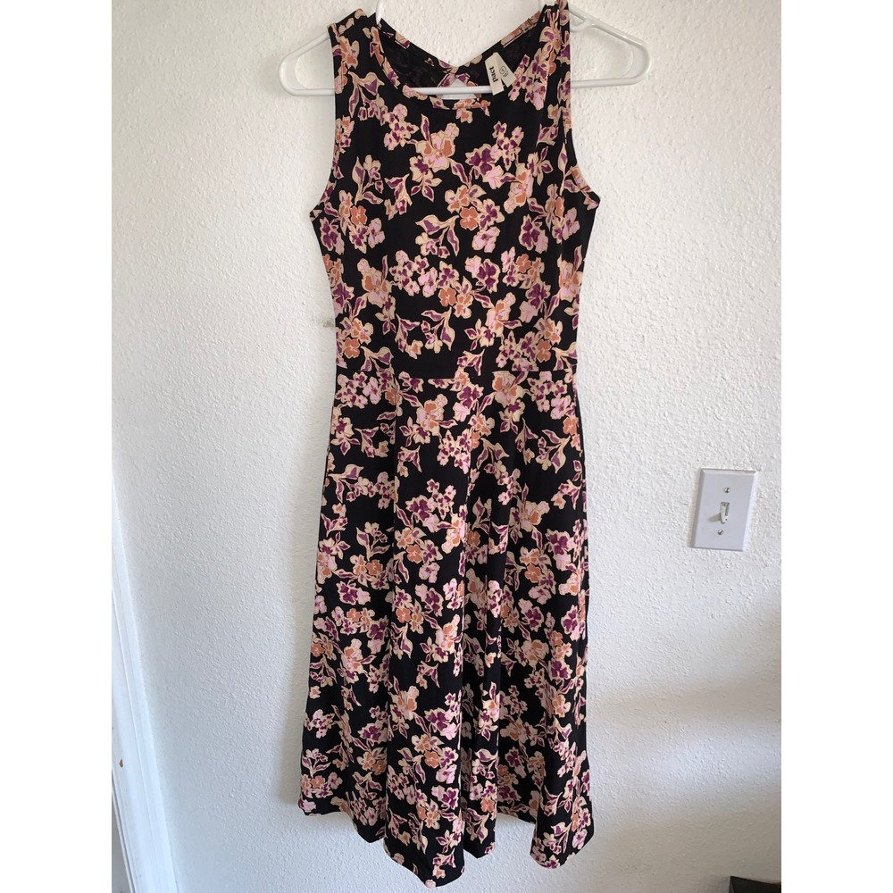 Pact Womens Organic Cotton Floral Fit & Flare Midi Dress Black Purple Small